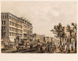 Die Ecke von State und Washington Streets, Chicago, ca. 1867